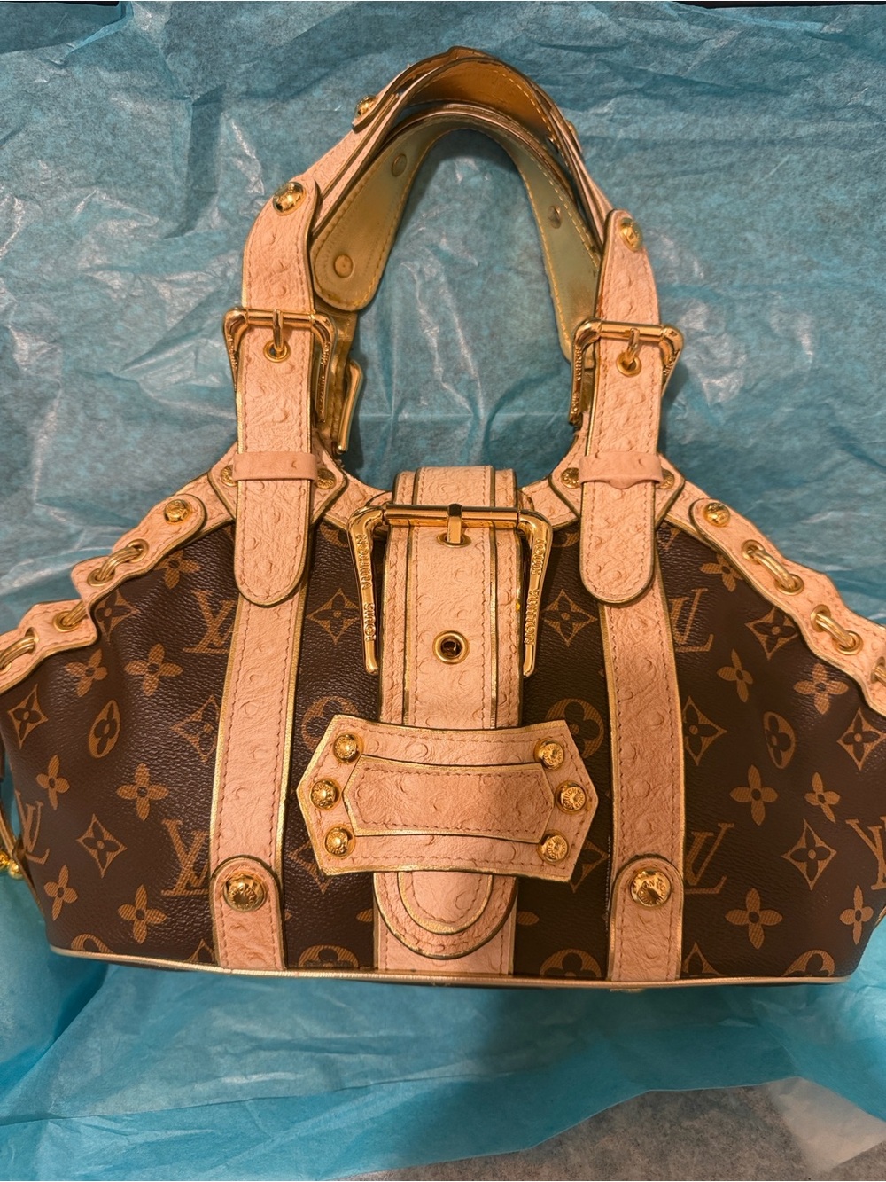 Vtg Louis Vuitton Brown Monogram Shoulder Bag with beige Trim and Gold Hardware